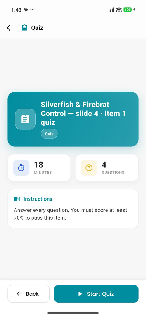 A PlayLearn quiz intro on the mobile app — title card, duration, question count and Start button.